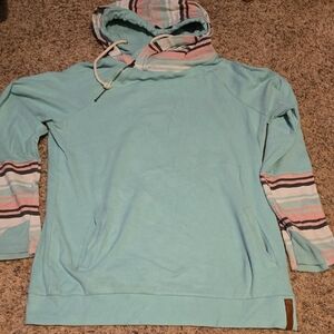 AMPERSAND AVE Aqua Hoodie with Pastel Stripes